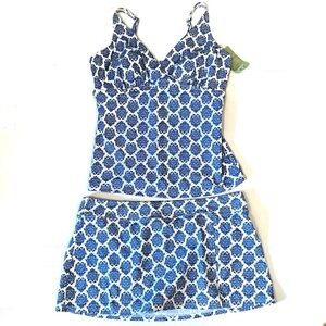 NWT Garnet Hill 2 Piece Blue White Damask Tankini Swim Skirt Set Womens 12